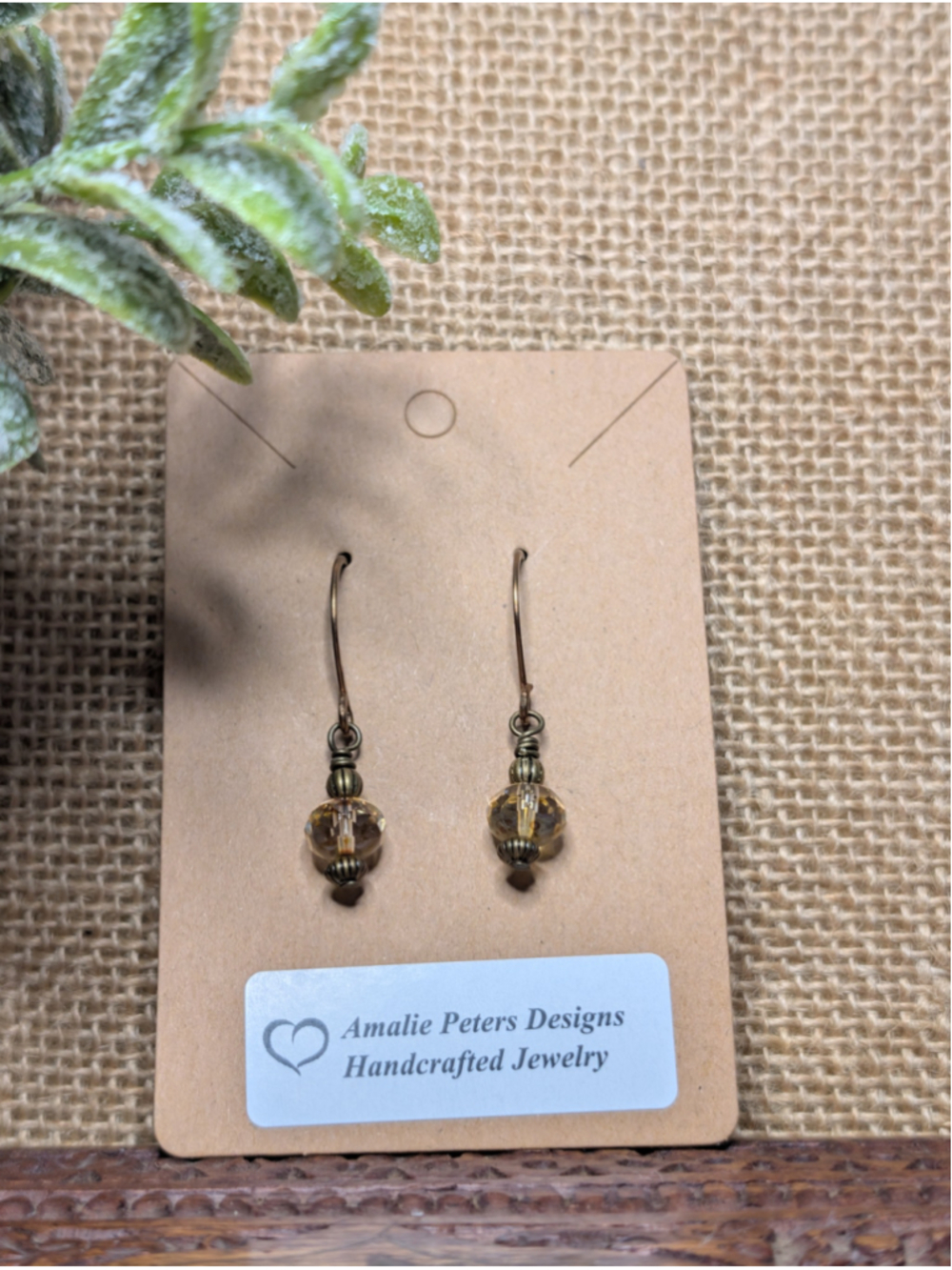 Handcrafted Boho Brass Wrapped Wire Amber Glass Bead Drop Dangle Hook Earrings